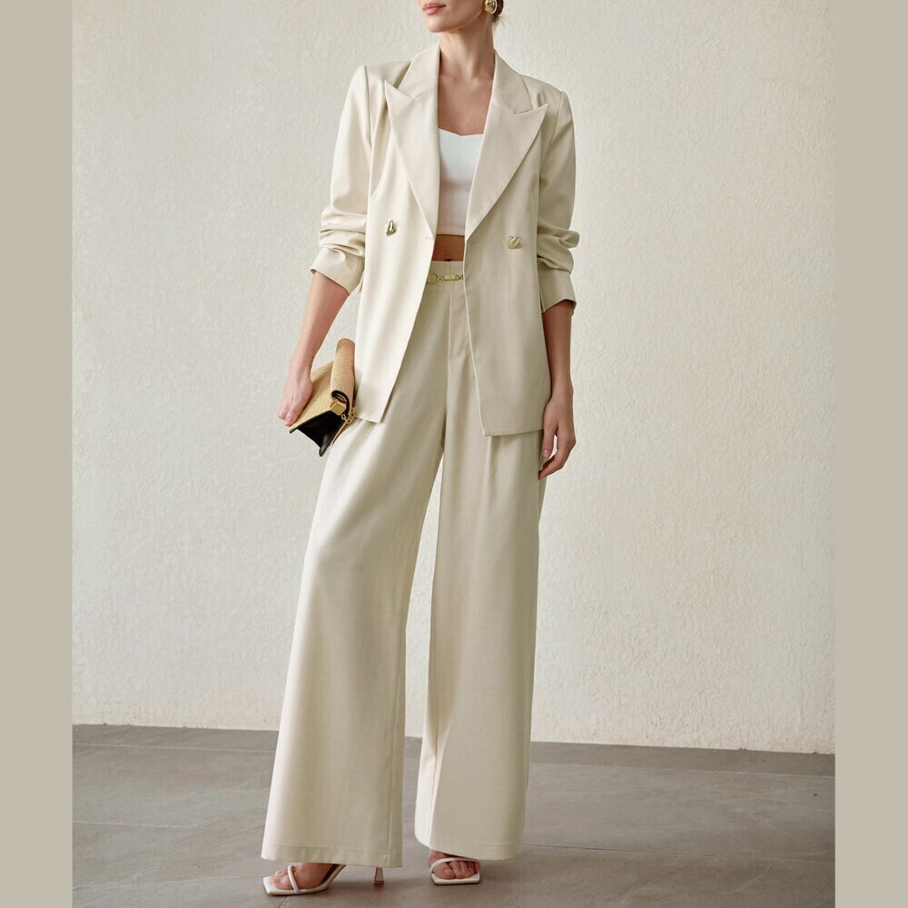 Cream Wide Peak Lapel Blazer and Wide Leg Trouser Two Piece Pantsuit Set